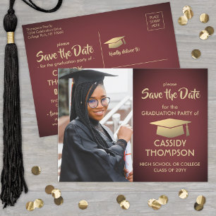 Cartão Postal Foto para graduação Dourada e Borgonha Salvar a Da