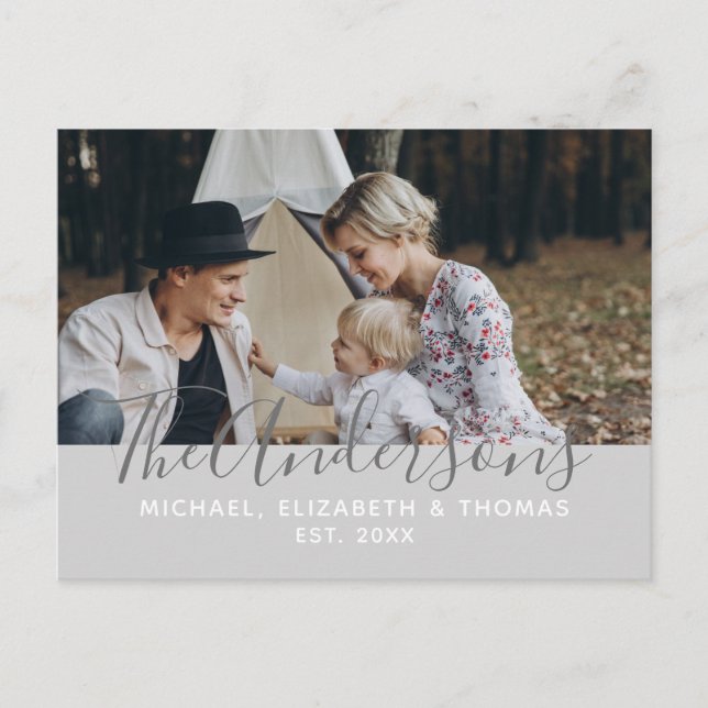 Cartão Postal Foto personalizada com nome de família e ano estab (Frente)