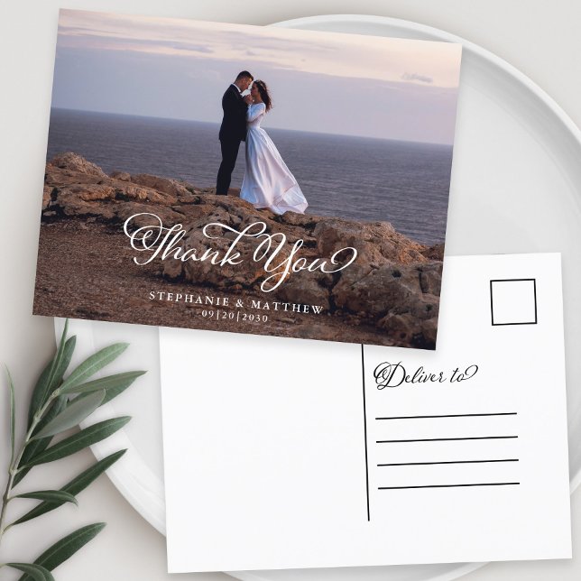 Cartão Postal Foto Personalizada De Casamento Obrigado Caligrafi (Wedding Custom Photo Thank You Elegant Calligraphy Postcard)