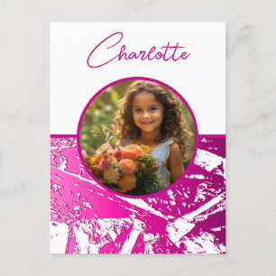 Cartão Postal Foto personalizada fuchsia e branca com nome
