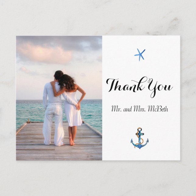 Cartão Postal Foto Personalizada Ocean Blue Beach Casamento Obri (Frente)