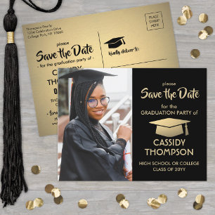 Cartão Postal Foto Preto e Dourado Graduação Moderna Salvar a 