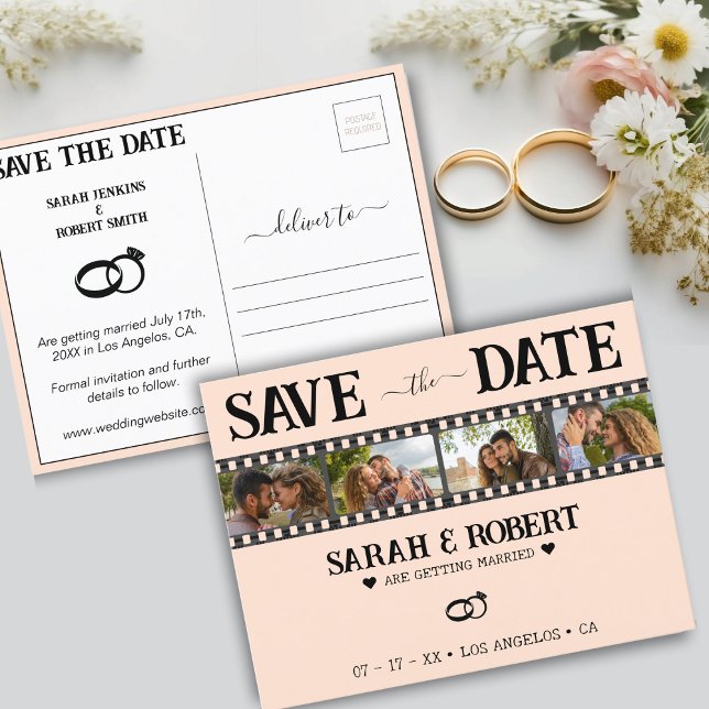 Cartão Postal Foto: Retro Photo Film Strip Casamento Salvar Data (Retro Photo Film Strip Wedding Save the Date Postcard)