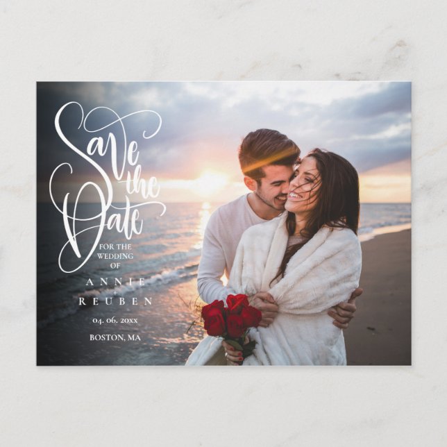 Cartão Postal Foto Save the Date Elegante Branco Script Moderno (Frente)