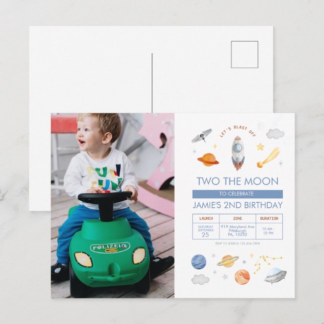 Cartão Postal Foto segundo aniversário Astronauta de Festa Exter (Frente/Verso)