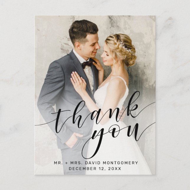 Cartão Postal Foto Simples De Casamento Preto De Script Obrigado (Frente)