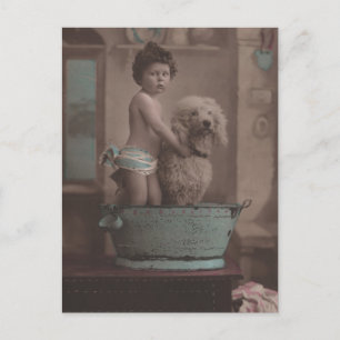 Cartão Postal Foto Velha e Bonita Criança com Cachorro na Banhe