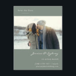 Cartão Postal Foto Verde Minimalista Moderna Salva A Data<br><div class="desc">Casamento verde de sábio escuro minimalista Salve o cartão postal de data com sua foto</div>