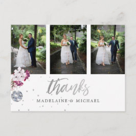 Cartão Postal Foto x 3 Elegante Casamento Silver Disco Obrigado