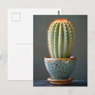 Cartão Postal Fotografia de Cacto Verde em Vaso de Cerâmica Azul