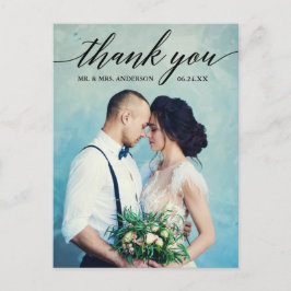 Cartão Postal Fotografia de casamento de caligrafia obrigado