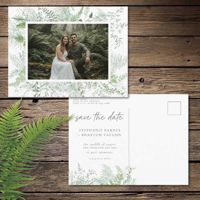 Cartão Postal Fotografia de Data de Salvamento de Samambaia Verd (Watercolor Greenery Fern Rustic Save Date Photo Postcard)