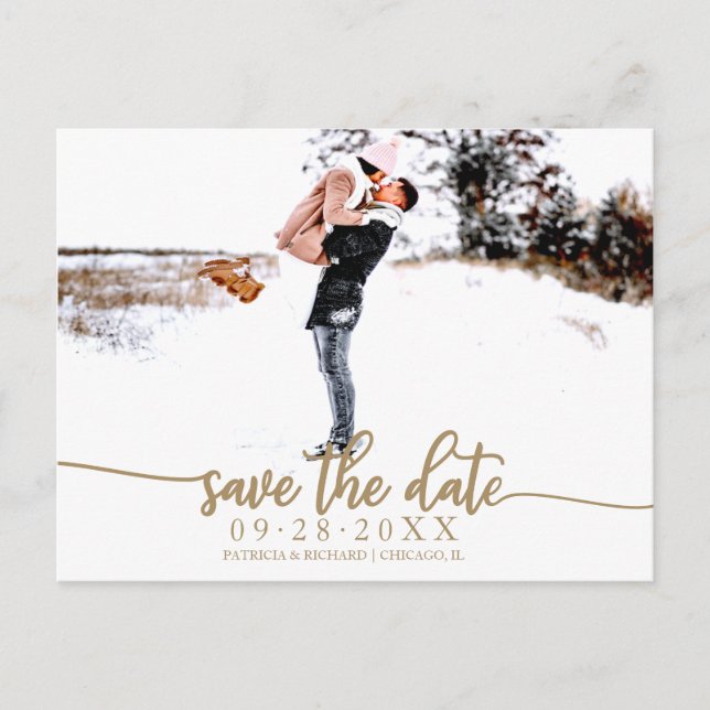 Cartão Postal Fotografia de Save The Date de casamento com calig (Frente)
