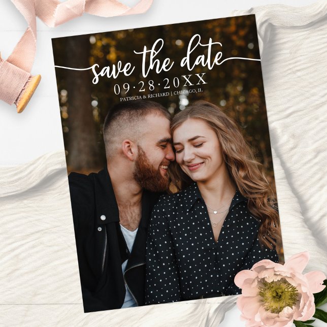 Cartão Postal Fotografia de Save The Date de Casamento com Calig (Criador carregado)