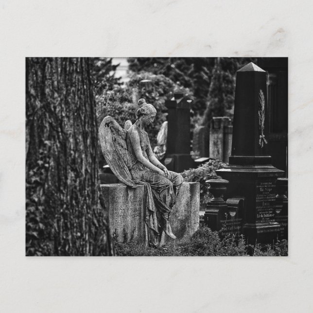 Cartão Postal Fotografia em preto e branco anjo melancólico (Frente)