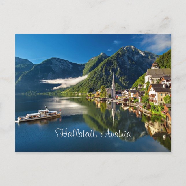 Cartão Postal fotografia panorâmica de Hallstatt, Áustria (Frente)