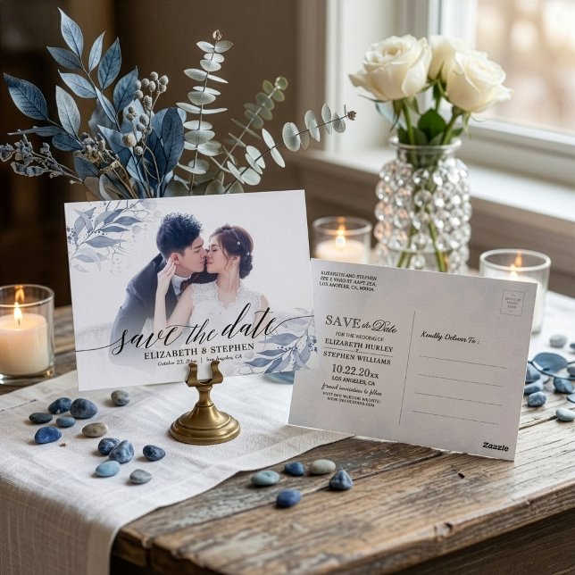 Cartão Postal Fotos de Data de Guarda de Casamento com Folhas de (Criador carregado)