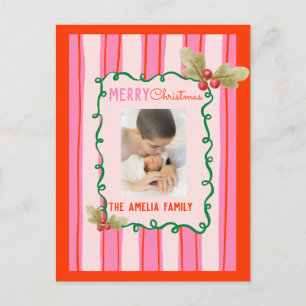 Cartão Postal Fotos de Natal Doodle Rosa Vermelho Borda Férias