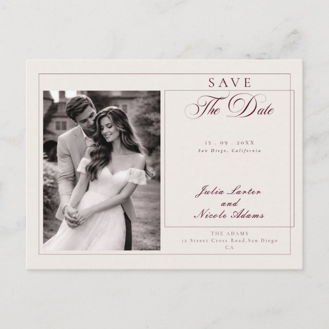 Cartão Postal Fotos de Save The Date com Caligrafia Clássica Bur (Frente)