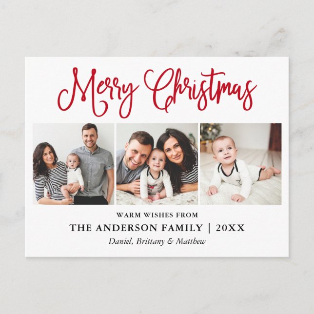 Cartão Postal Fotos do Natal da Caligrafia Vermelha Moderna 3 (Frente)