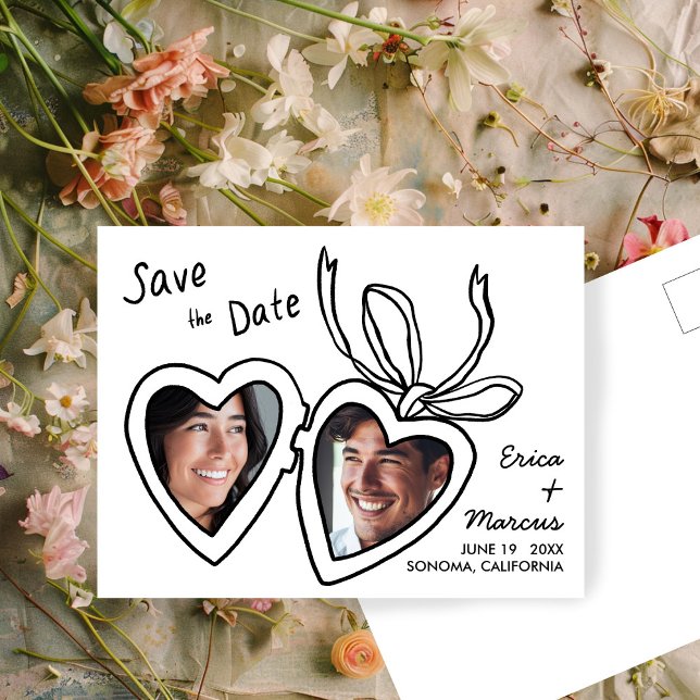 Cartão Postal Fotos personalizadas de bloqueio cardíaco bonito S (Cute Heart Locket Custom Photos Save the Date Postcard
Black and White Doodle Sweet)