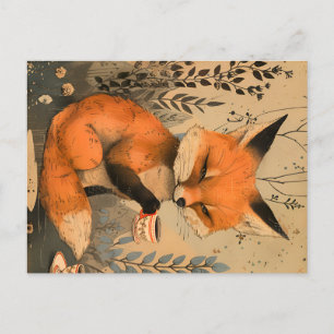 Cartão Postal Fox bonitinha de arte chinesa com cerimônia de chá