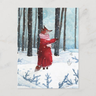Cartão Postal Fox Capturando Flocos de Neve Ilustração de Aquare