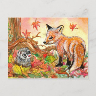 Cartão Postal Fox e Ferret em Folhas de outono