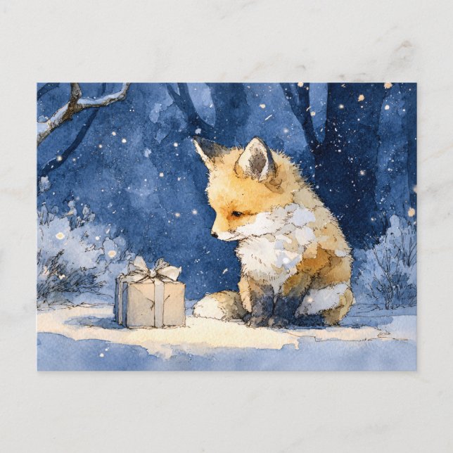 Cartão Postal Fox Kit e o Presente Aquarela (Frente)