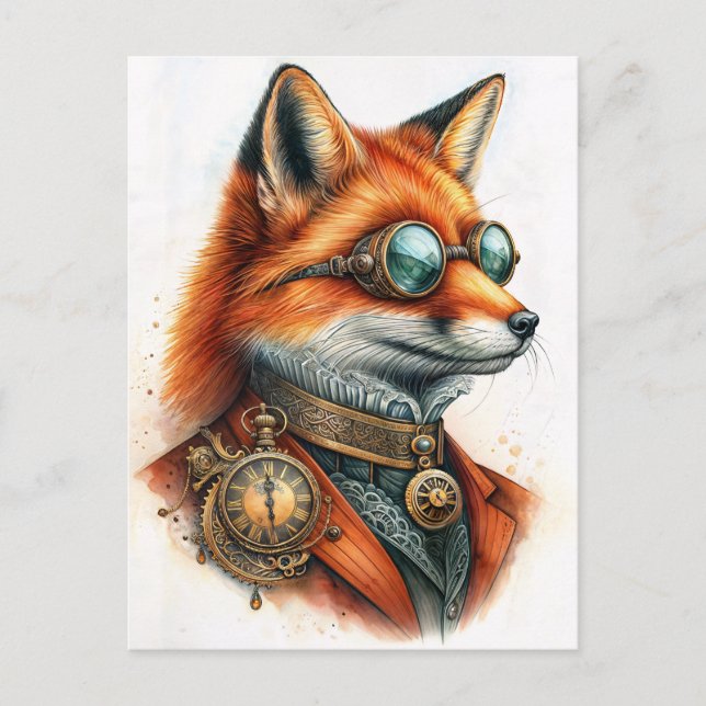Cartão Postal Fox Steampunk - Watercolor do Timekeeper (Frente)