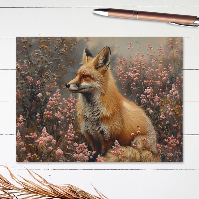 Cartão Postal Fox vermelha com pintura de flores silvestres cor- (Criador carregado)