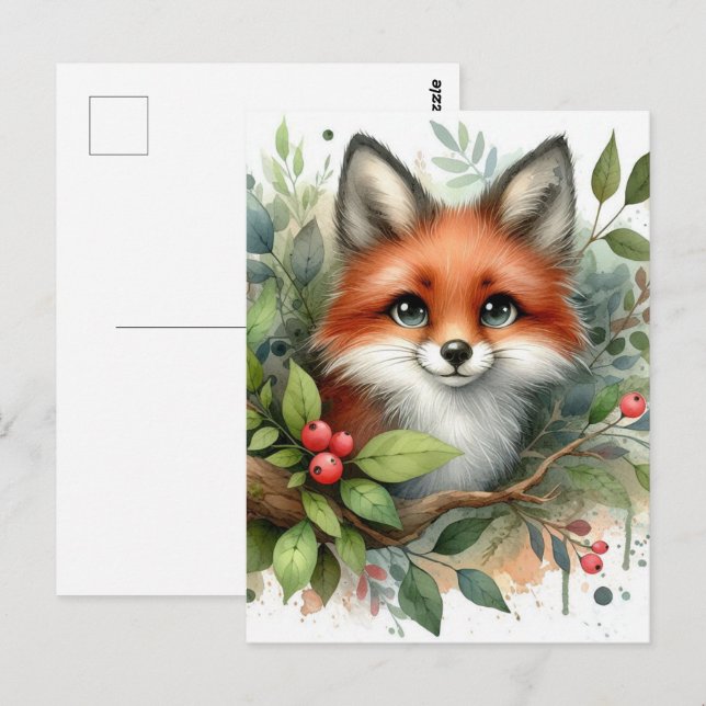 Cartão Postal Fox Vermelha de Aquarela Adorável (Frente/Verso)