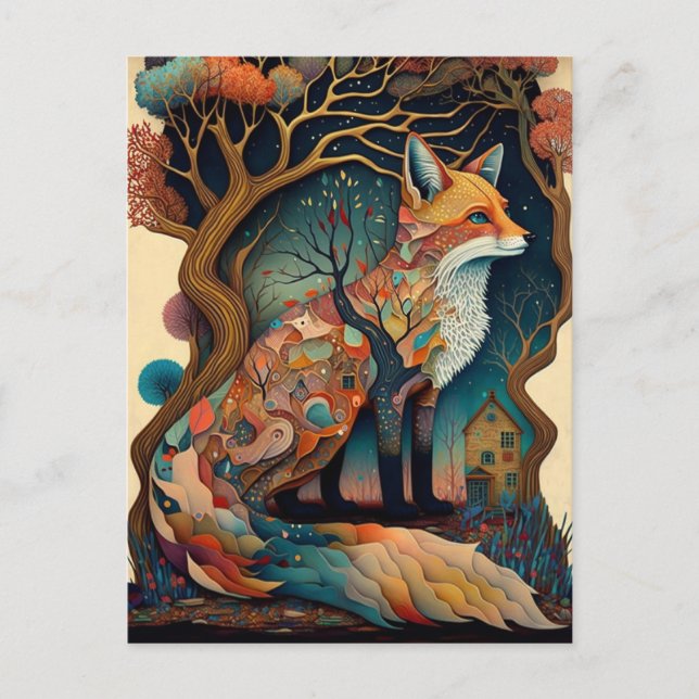 Cartão Postal Fox Woodland Fantasy Art (Frente)
