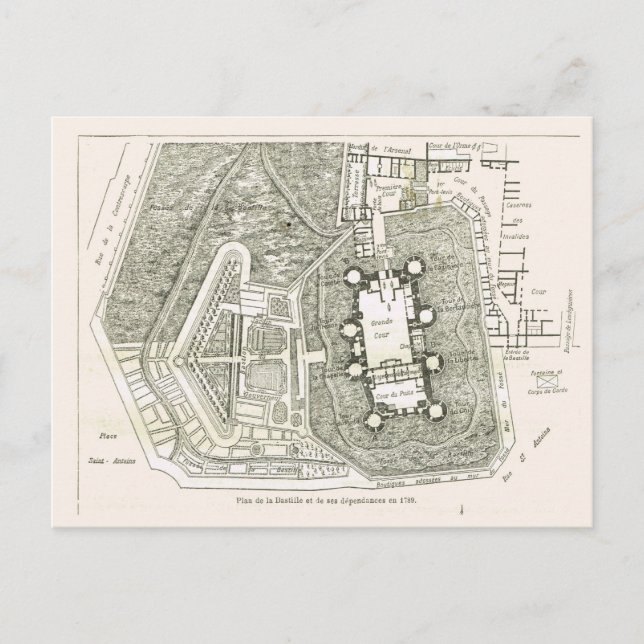 Cartão Postal França, Plano da Bastilha em 1789 (Frente)