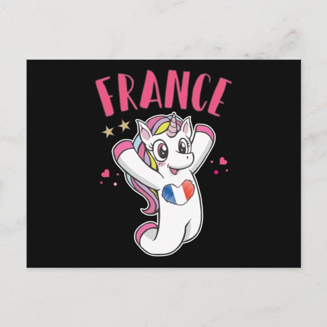 Cartão Postal França Soccer Fan Unicorn com bandeira cardíaca (Frente)