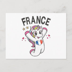 Cartão Postal França Soccer Fan Unicorn com bandeira cardíaca