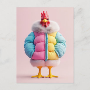 Cartão Postal Frango Elegante em Casaco Puffer Colorido de Inver