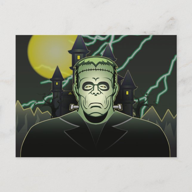 Cartão Postal Frankenstein Monster Halloween Castle Lightning (Frente)