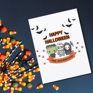 Cartão Postal Frankenstein Mummy Grim Reaper Cute Halloween