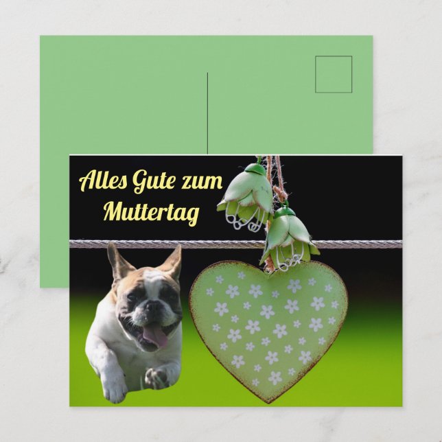 Cartão Postal Französische Bulldogge Grünes Herz French Bulldog (Frente/Verso)