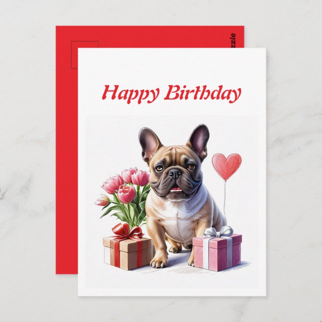 Cartão Postal Französische Bulldogge mit Blumen Birthday (Frente/Verso)