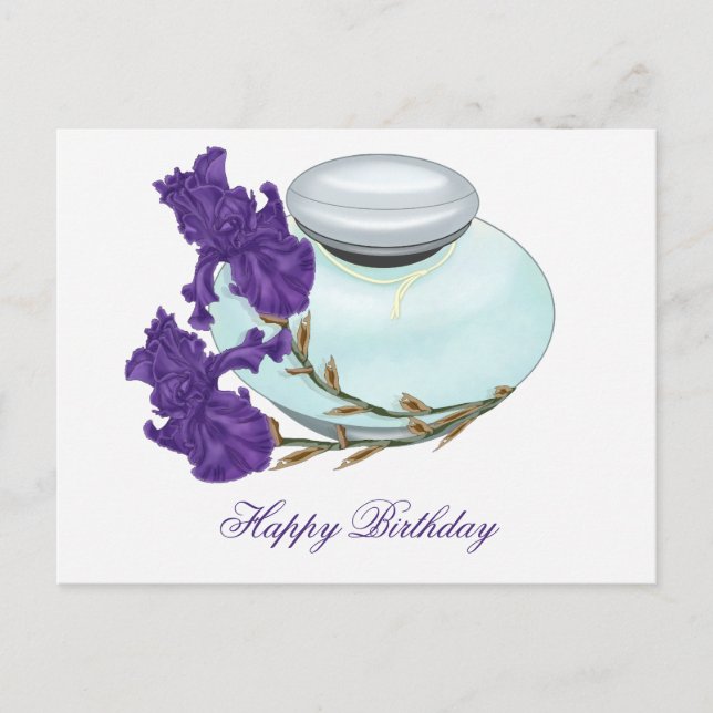 Cartão Postal Frasco de Perfume com Flores de Íris Feliz Anivers (Frente)