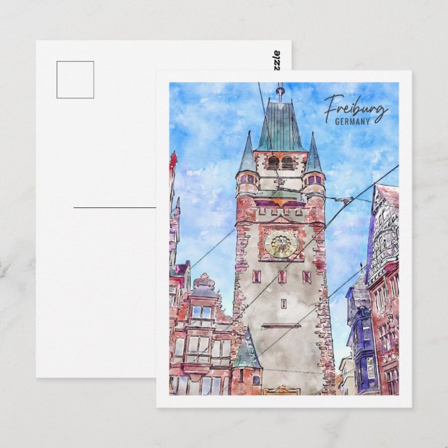 Cartão Postal Freiburg Germany Viagem Place Watercolor (Frente/Verso)