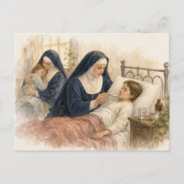 Cartão Postal Freira Católica Cuidando de uma Criança Doente