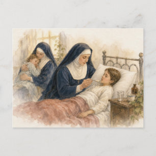 Cartão Postal Freira Católica Cuidando de uma Criança Doente