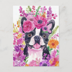 Cartão Postal French Bulldog Aquarela Floral
