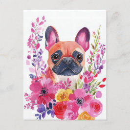 Cartão Postal French Bulldog Aquarela Floral