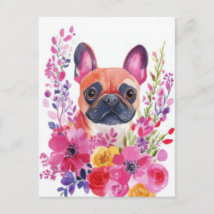 Cartão Postal French Bulldog Aquarela Floral