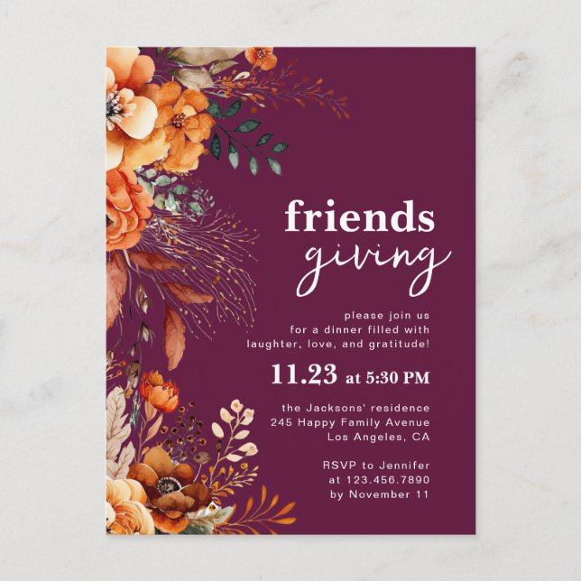 Cartão Postal Friendsgiving dinner invitation autumnal floral (Frente)