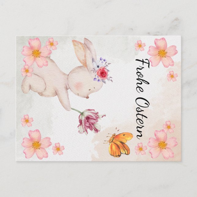 Cartão Postal Frohe Ostern -  mit hase und Blumen  (Frente)